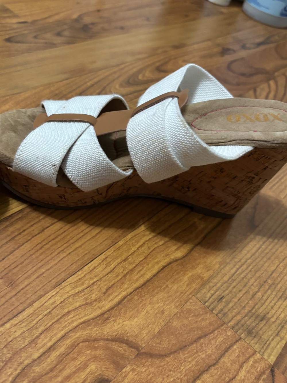 XOXO White Canvas Crisscross Cork Platform Wedge Sandals with Tan Accents - Picture 6 of 6